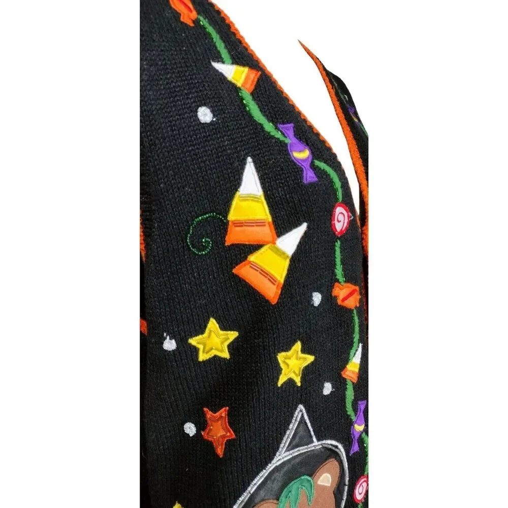 Vintage Halloween Devil Witch Star Moon Candy Corn Knit Holiday Grandma Vest NEW